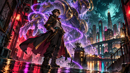 Original adventurer stands beneath a towering translucent guardian in a neon city