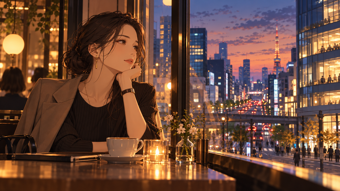 Original adult woman reflecting in a cafe at twilight