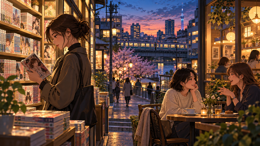 Adult women browsing manga and talking in a modern Tokyo neighborhood