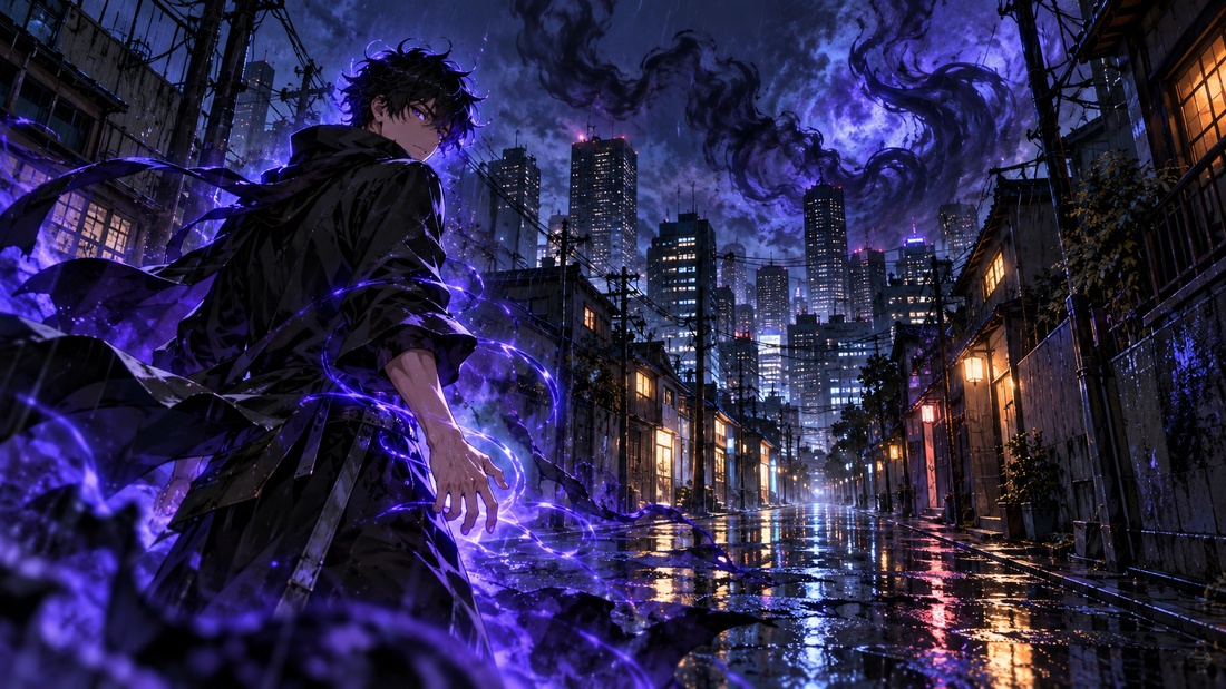 A sorcerer controls a violet aura in a rain-soaked Tokyo street