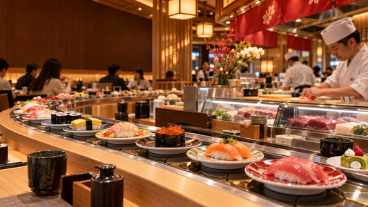 Kaitenzushi restaurant interior with a curved conveyor belt carrying sushi plates