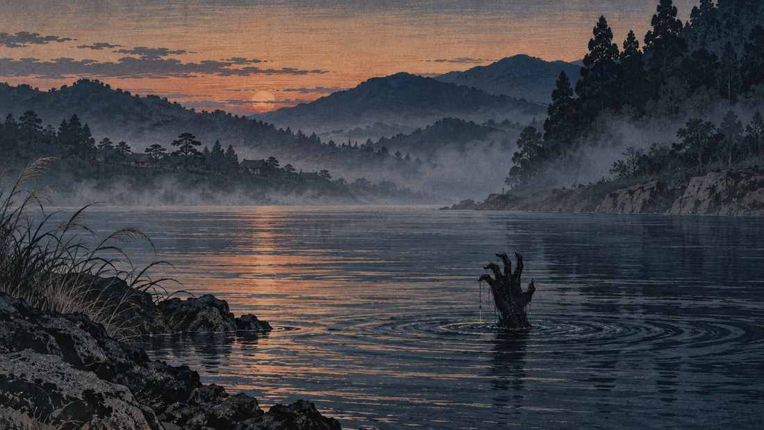 Artistic impression of a dark hand rising from the misty Omono River at dusk