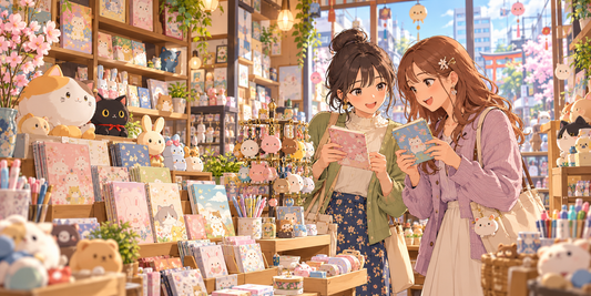 Two adult friends browse original character goods and stationery in a bright Japanese shop.