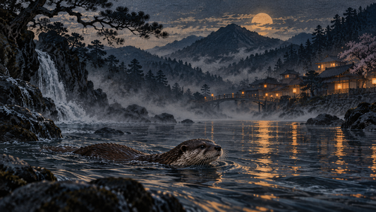 A river otter swims through a misty stream in this artistic impression of kawauso folklore