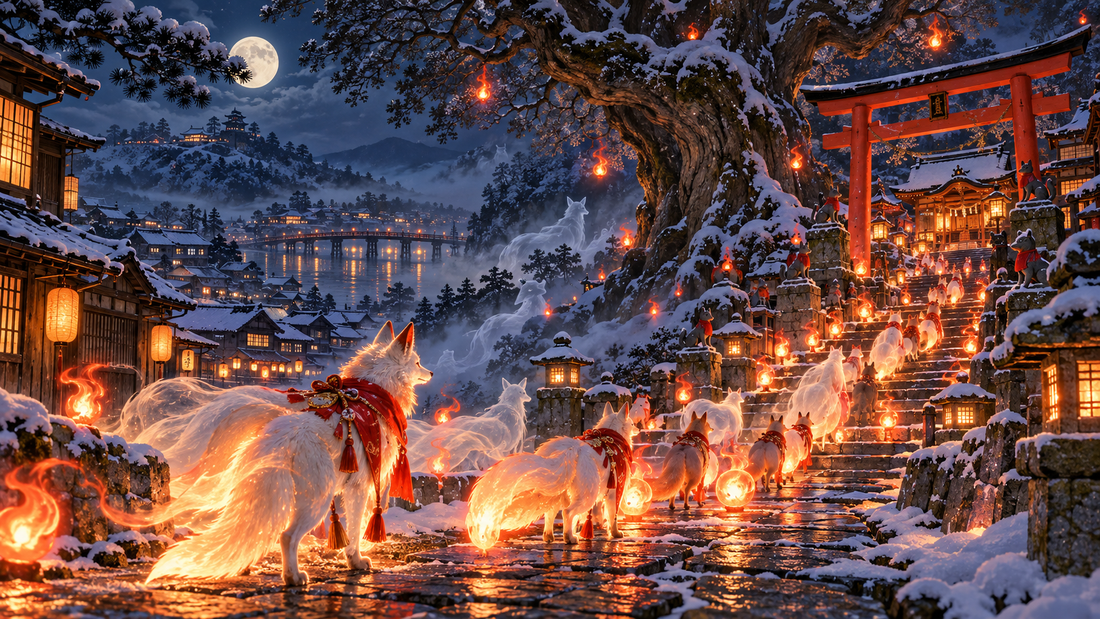 Fox spirits and foxfire lights gather beneath an enoki tree in old Ōji