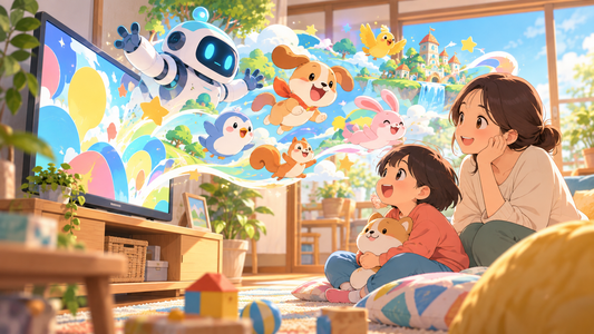 A child and caregiver enjoy bright, friendly animation together at home