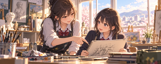 Two club members discuss a sketchbook in a bright classroom