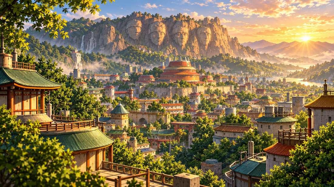 Konohagakure Hidden Leaf village below Hokage Rock at sunrise