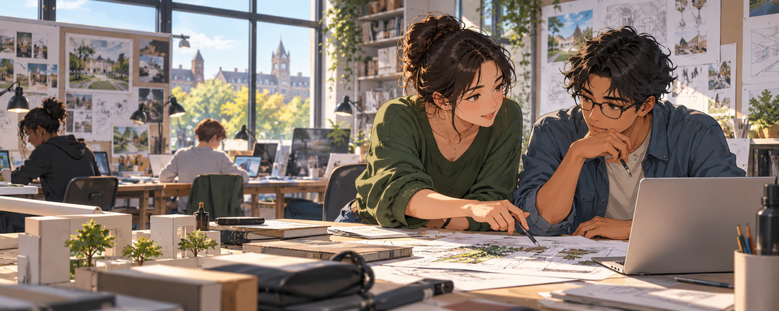 Two adult students collaborate on a design project, one guiding a newer teammate in the studio.