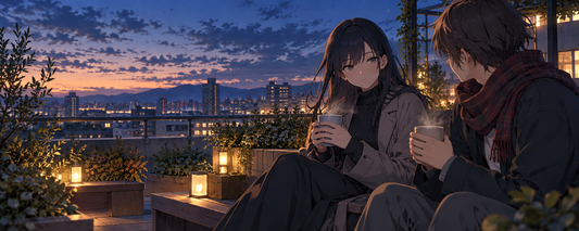 A composed student shares a warm drink with a friend on a rooftop garden at dusk.