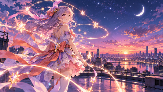 Original magical heroine beneath a twilight sky above a city