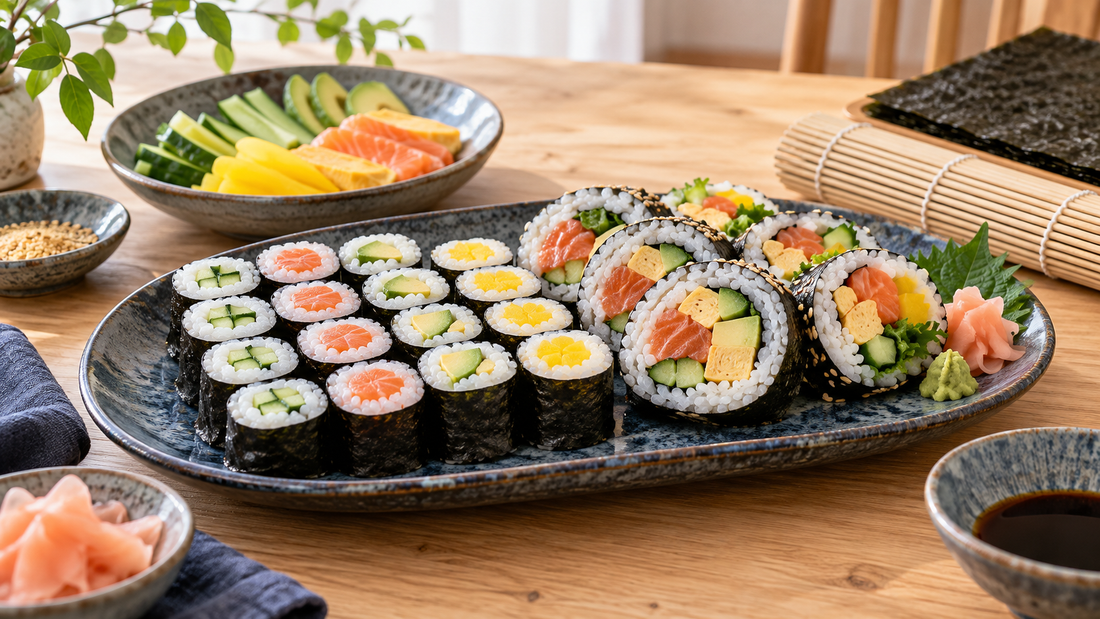 Homemade cucumber, avocado and salmon maki rolls on a Japanese-style platter