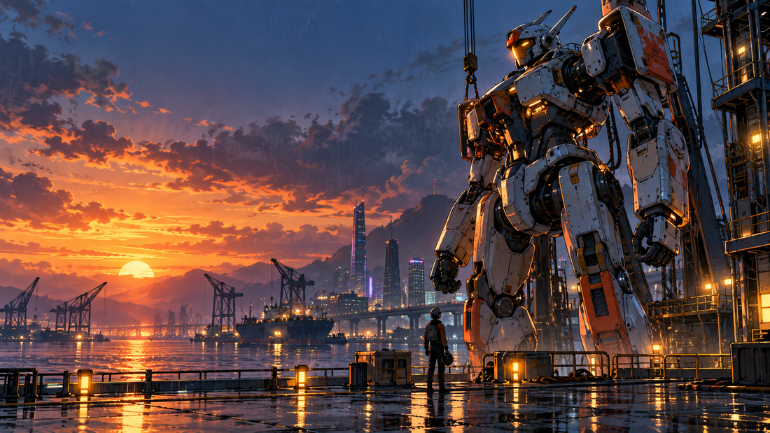 An original giant rescue mech stands over a futuristic Japanese harbor at sunset, with a pilot beside it for scale.