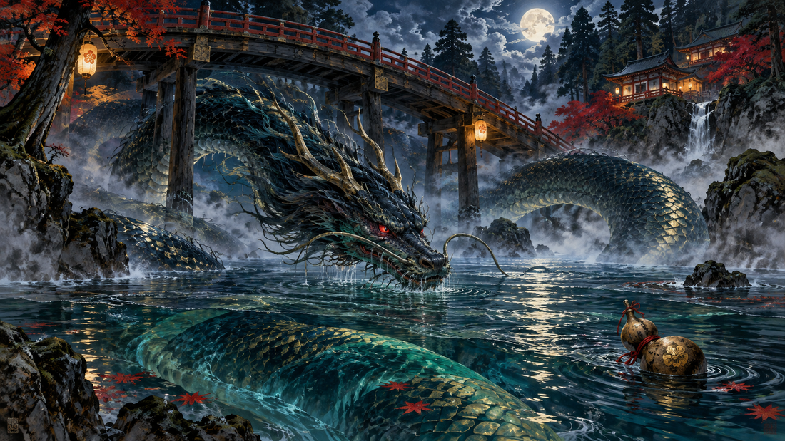 A great river serpent rises beneath a bridge in ancient Kibi