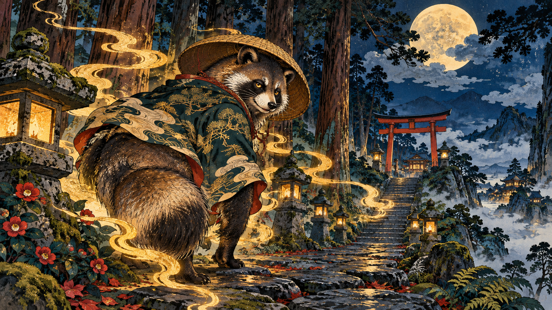 A Japanese badger spirit moves through a moonlit forest shrine path