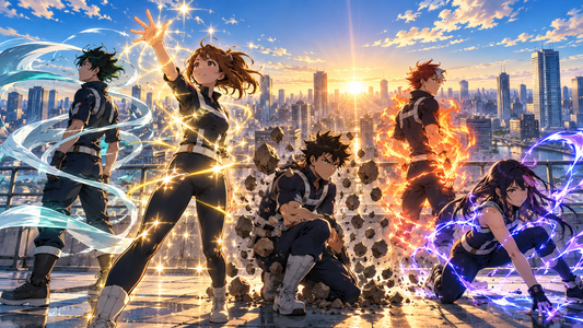 Original students display varied abstract superpowers on a rooftop at sunrise