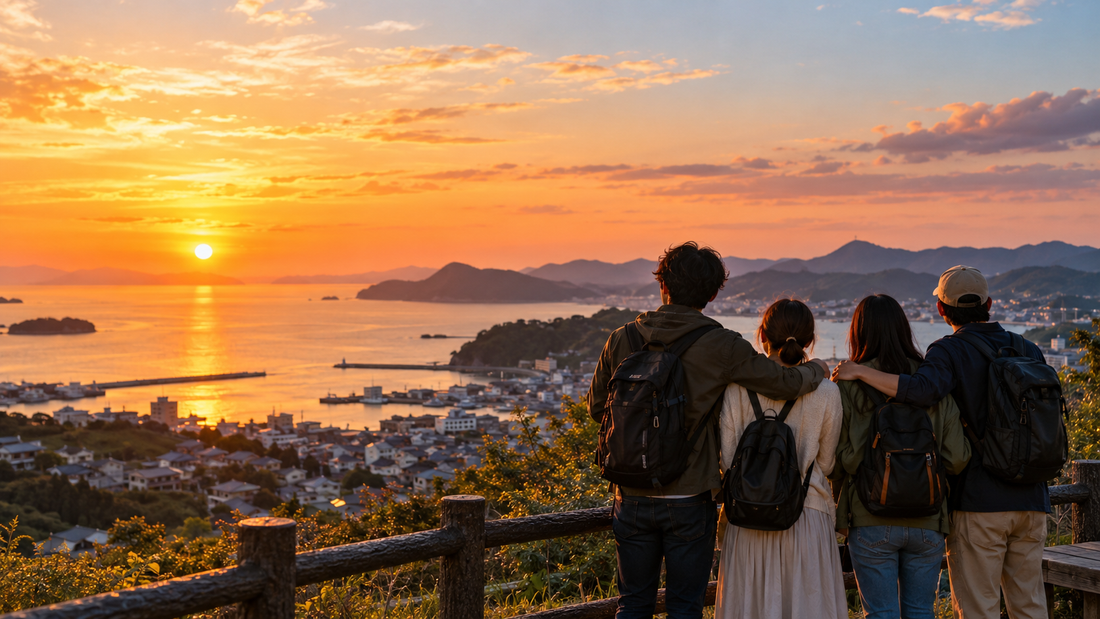 Companions watching the sunset over a Japanese coastal town