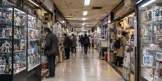 Shoppers browse glass-fronted hobby shops along an indoor shopping corridor.