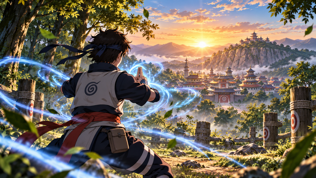 Shinobi molding chakra during sunrise training in a Japanese forest village