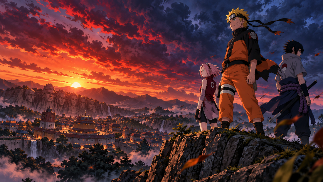 Naruto, Sasuke and Sakura overlooking the Hidden Leaf Village at sunset