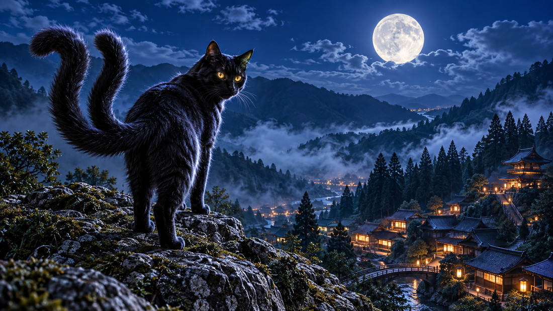 Nekomata banner showing a fork-tailed black cat above a moonlit Japanese mountain village