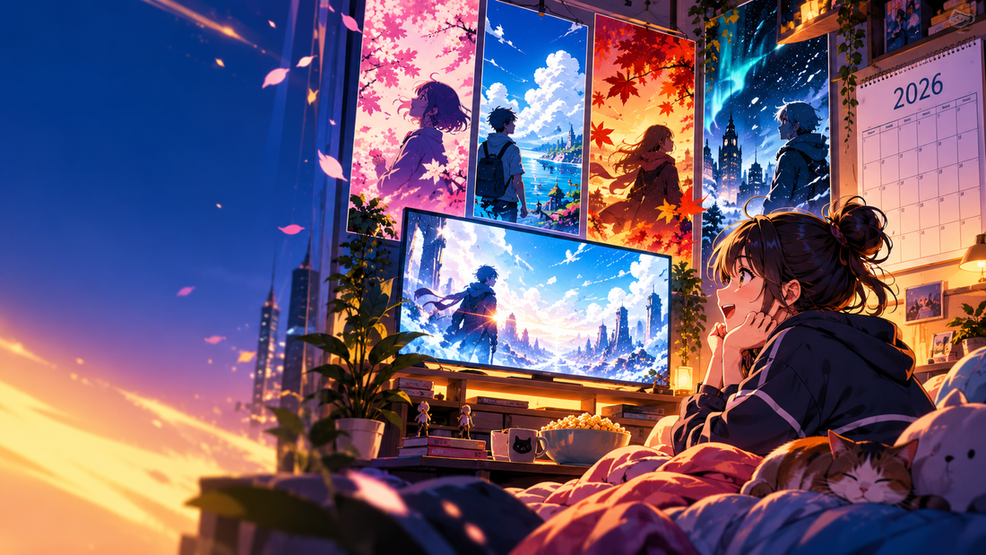 Anime fan watches new series beneath a 2026 calendar and seasonal poster art