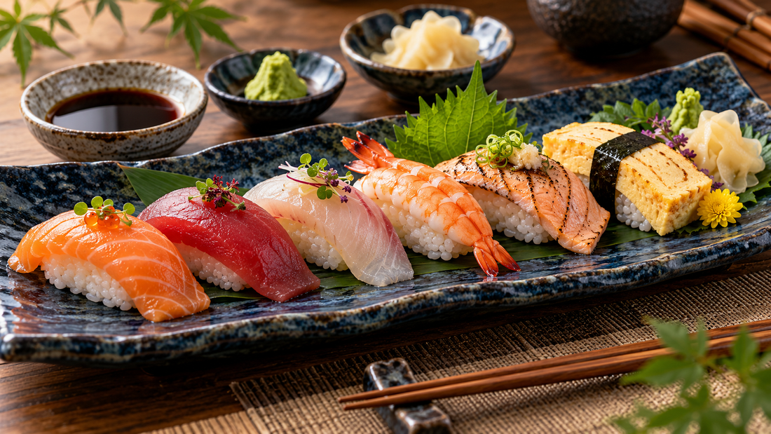 Assorted nigiri sushi including salmon, tuna, cooked shrimp, seared salmon and tamago