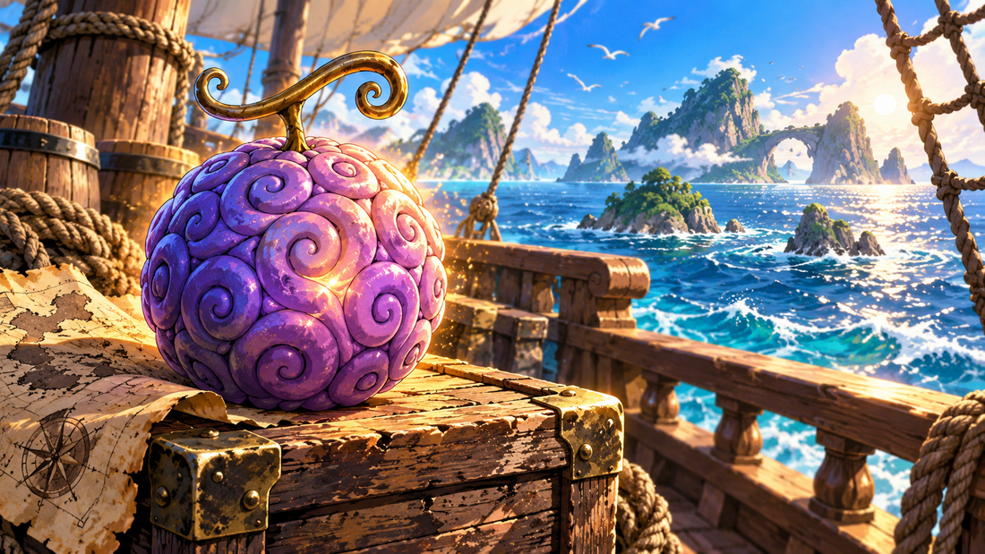 A mysterious spiral-patterned fruit rests on a pirate ship’s treasure crate