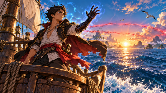 A young pirate senses the sea ahead from the bow of a ship