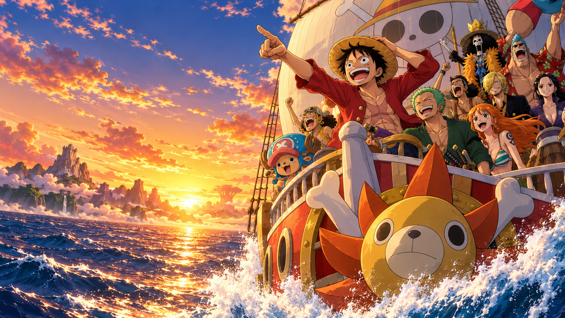 Straw Hat pirate crew sailing toward a golden sunset for a One Piece movie ranking