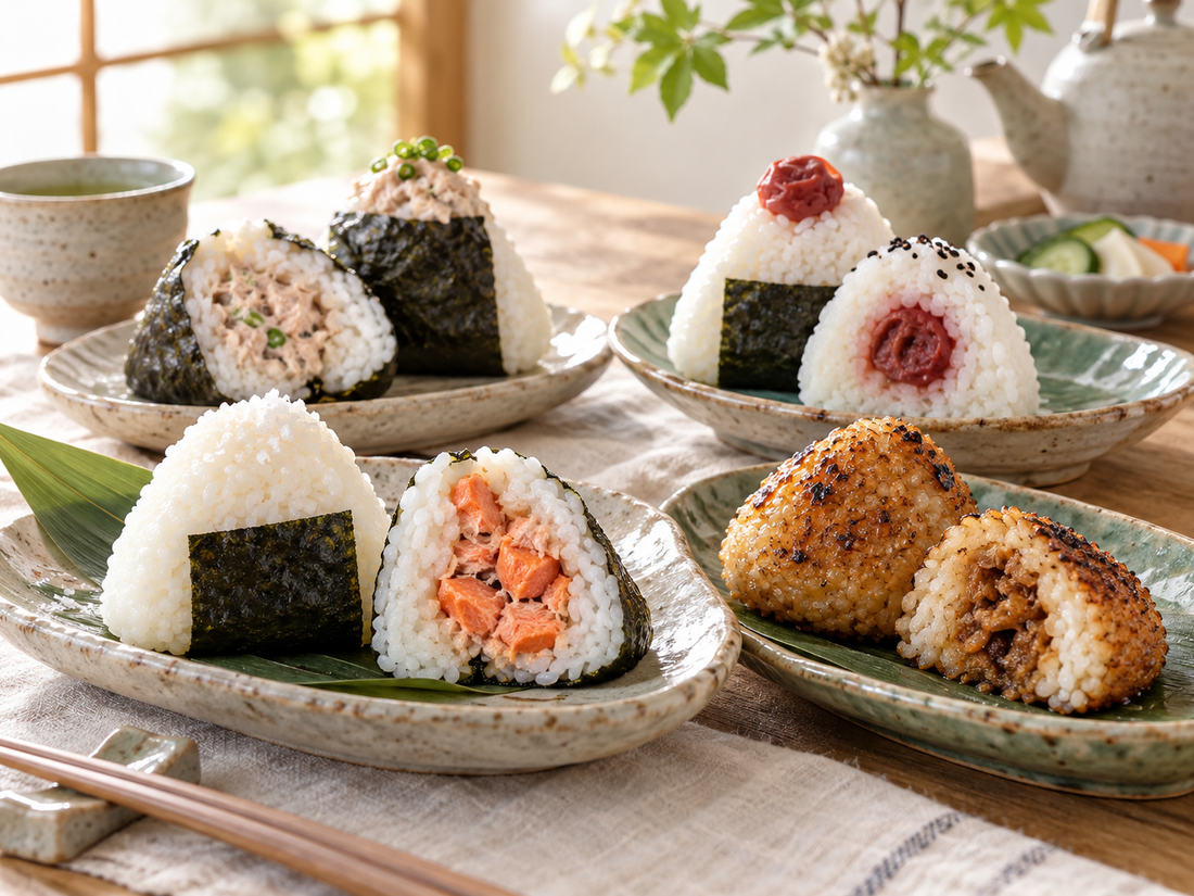 Assorted plain, salmon, tuna mayo, umeboshi, and grilled onigiri on ceramic plates