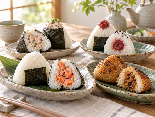 Assorted plain, salmon, tuna mayo, umeboshi, and grilled onigiri on ceramic plates