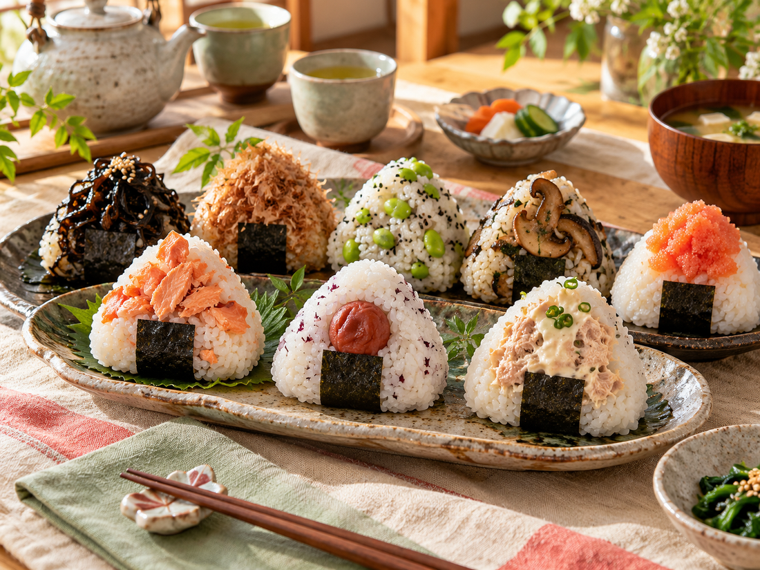 Assorted Japanese onigiri with salmon, umeboshi, tuna mayo, kombu, okaka, and vegetable fillings