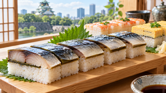 Pressed mackerel oshizushi with kombu and shrimp sushi