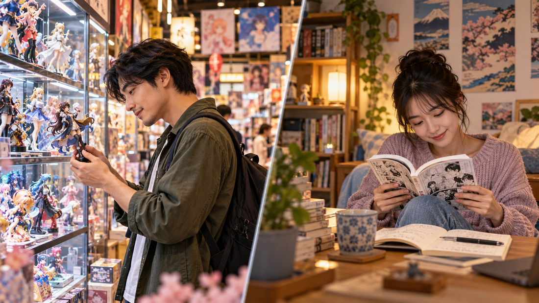 Two anime fans enjoying Japanese pop culture in different ways