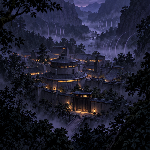 Hidden Sound Village compound in a shadowy forest valley