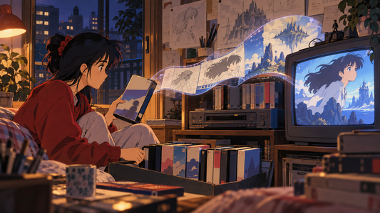 Anime fan in a vintage living room selecting an unbranded home-video release