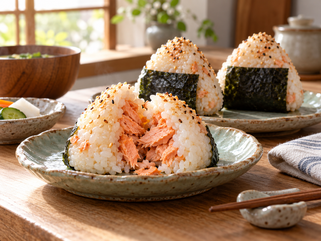 Salmon onigiri with flaky pink salmon centers, nori strips, and toasted sesame