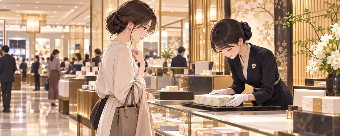 A store employee politely assists an adult customer at an elegant department store counter.
