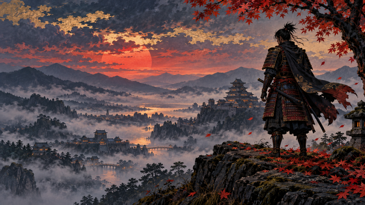 Anime-inspired samurai overlooking a Japanese castle through dusk mist