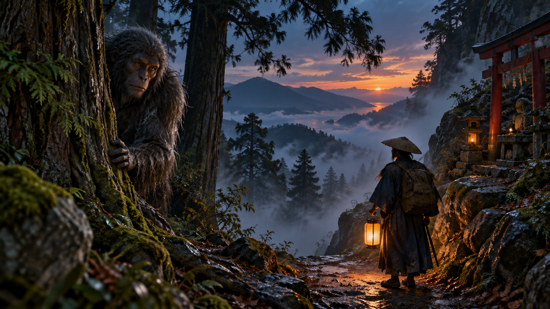 Satori peering from cedar trees as a traveler walks a mountain path at dusk