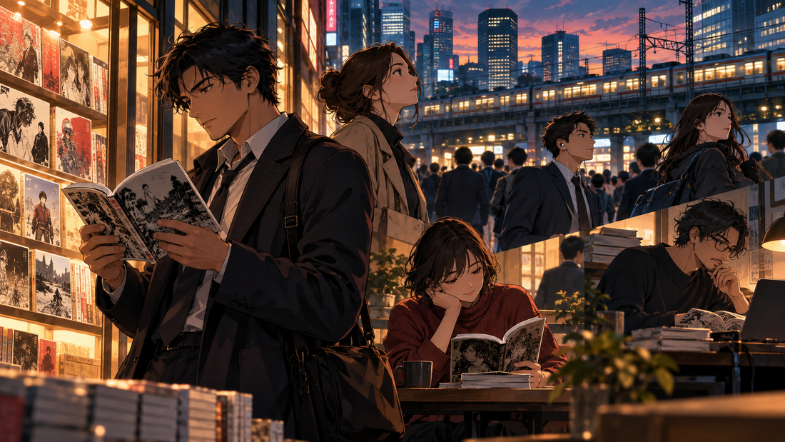 Adult readers exploring manga in a Tokyo bookstore and city setting