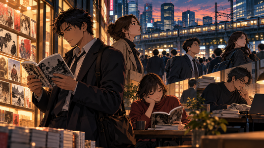 Adult readers exploring manga in a Tokyo bookstore and city setting