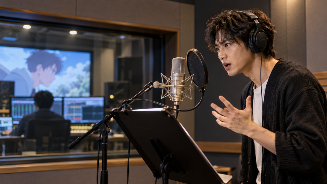 Japanese voice actor recording dialogue in a sound studio