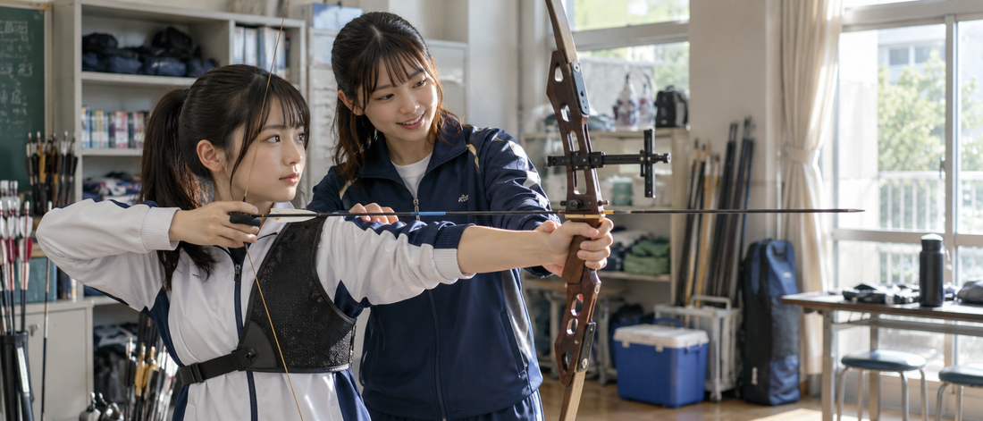 Senior student guiding a junior member in a Japanese school club