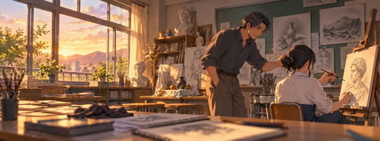 Wide anime-style illustration of an adult instructor mentoring an art student in a warm classroom.