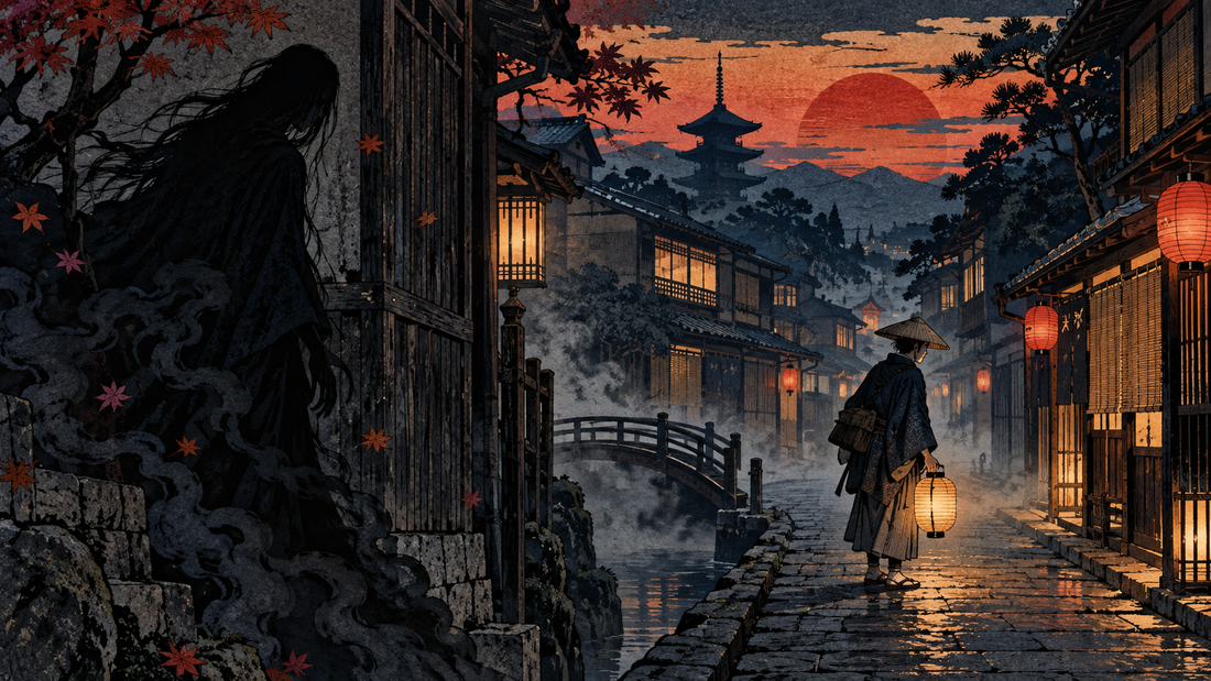 A shadowy death spirit waits at the edge of an Edo-period street