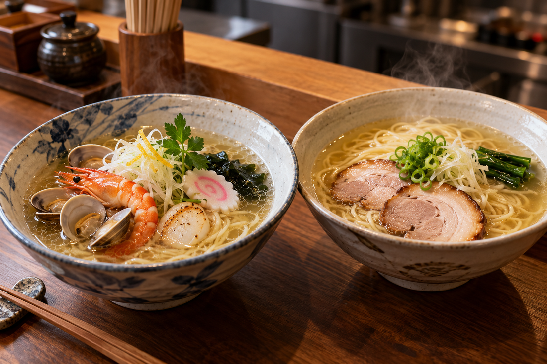 Hakodate shio ramen in seafood and chicken broth styles