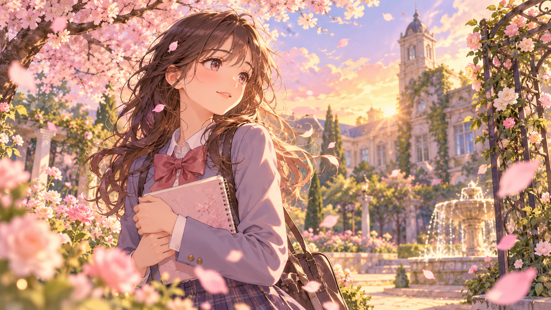 Original shōjo-inspired student in a blossom-filled school garden