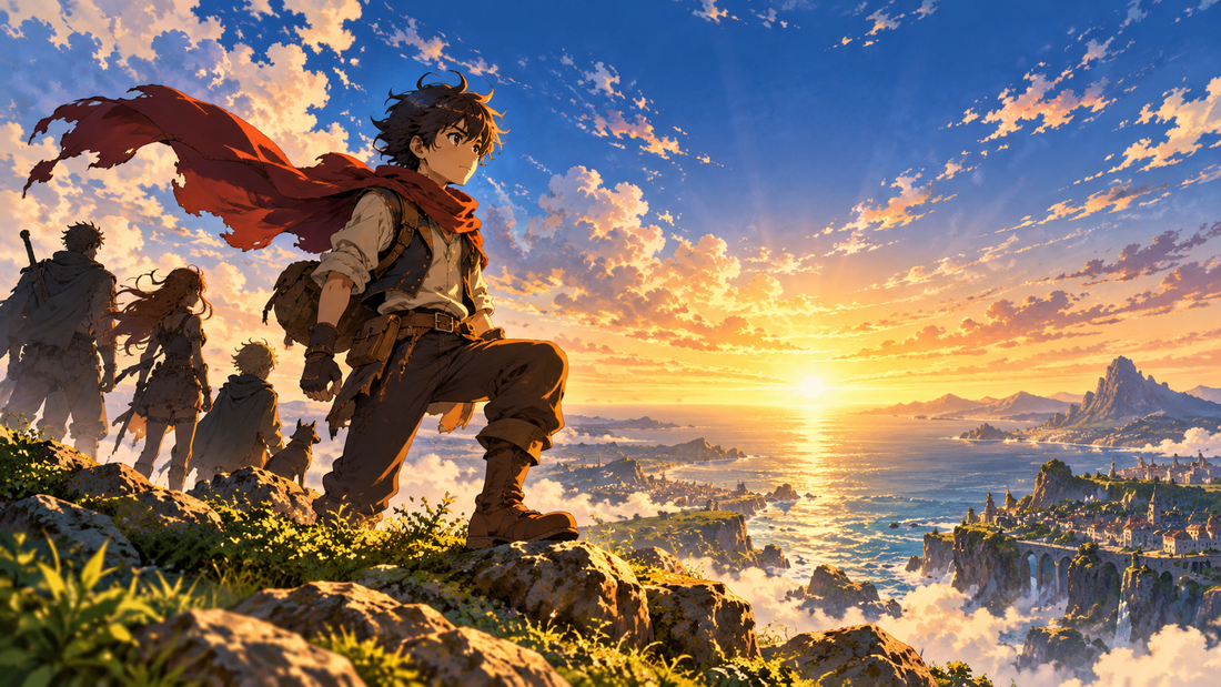 Original anime-style adventurer and companions at sunrise above the sea